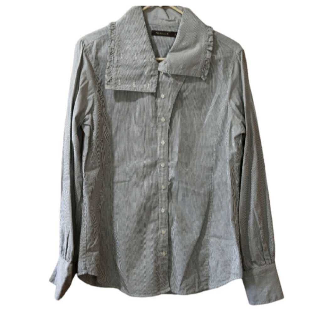 Nicholas K Vintage Striped Button-Down Blouse Exaggerated Collar Size Large